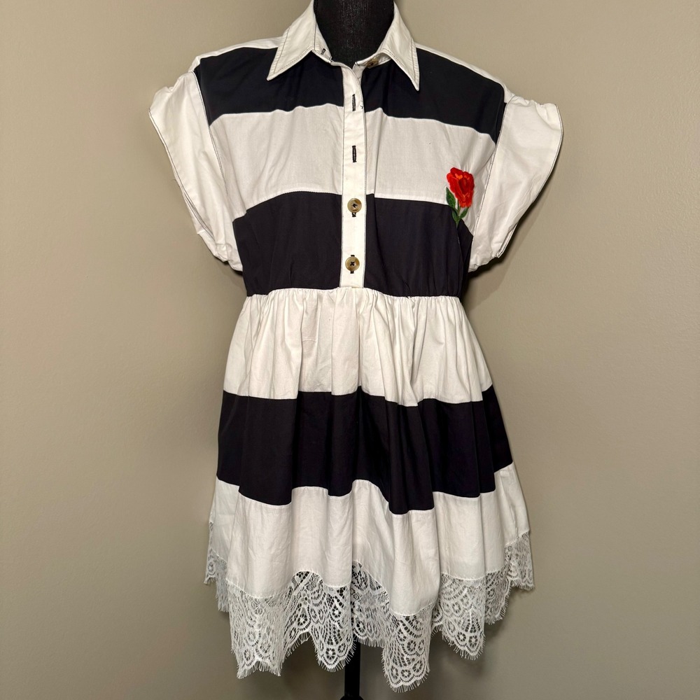 Maeve Anthropologie Striped Rose Embroidered Lace Hem Shirt Dress XS Black White